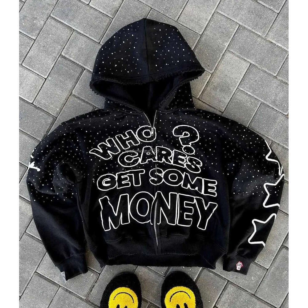 2024 American New Trend Who Cares Get Some Money Printed Zipper Sweater Mens and Womens Y2K Harajuku Hip Hop Goth Casual Coat W250222