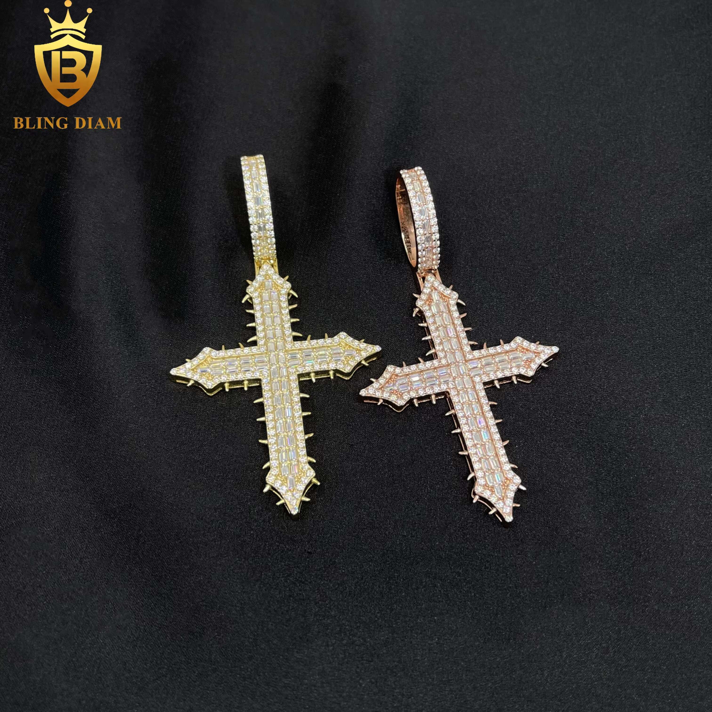 New Custom Hip Hop Jewelry Thorns Cross Pendant Necklace VVS Moissanite 925 Sterling Silver Stainless Steel