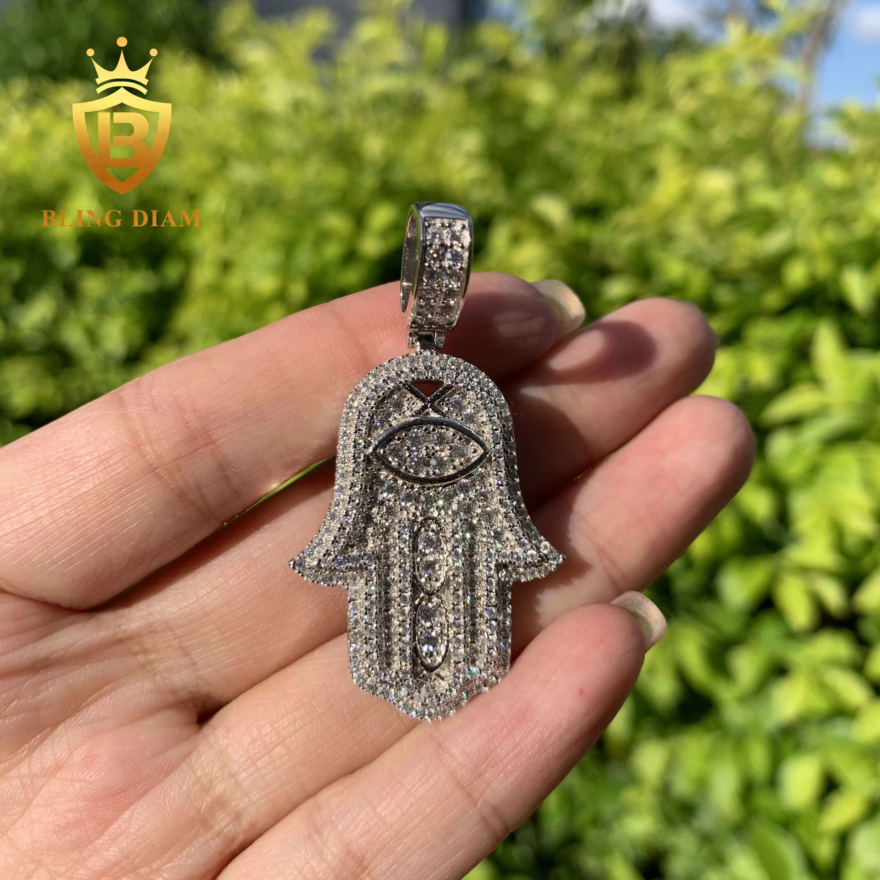 Shining 925 Sterling Silver Hip Hop Iced Out Vvs Moissanite Diamond Hasma Hand Pendant for Men Women