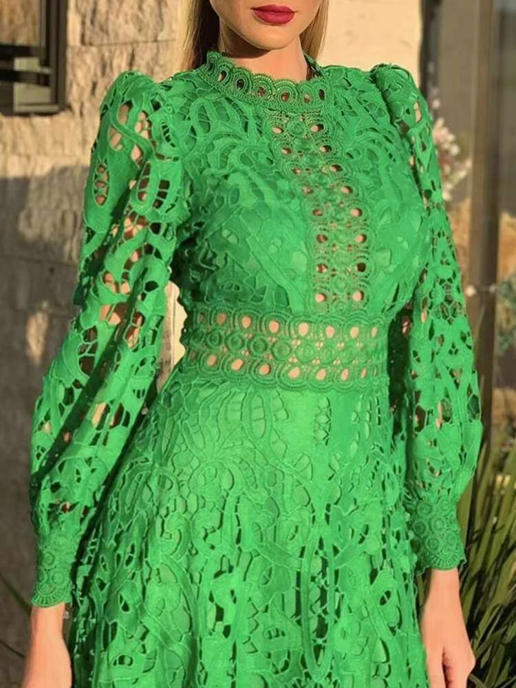 VGH Vintage Solid Loose Dress For Women Stand Collar Long Sleeve High Waist Cut Out Lace Panel Dresses Female Spring Fashion New