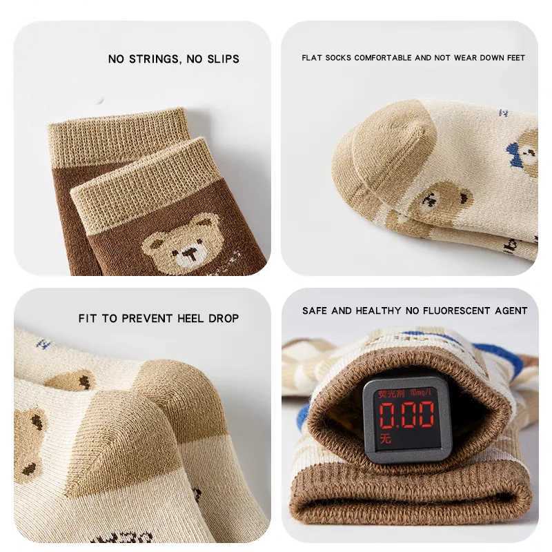 5 Pairs Winter Autumn Thicken Warm Kids Boys Half SOCKS Bear Striped Cute Cozy Soft Brushed Breathable CHIldren SOCKS G251124