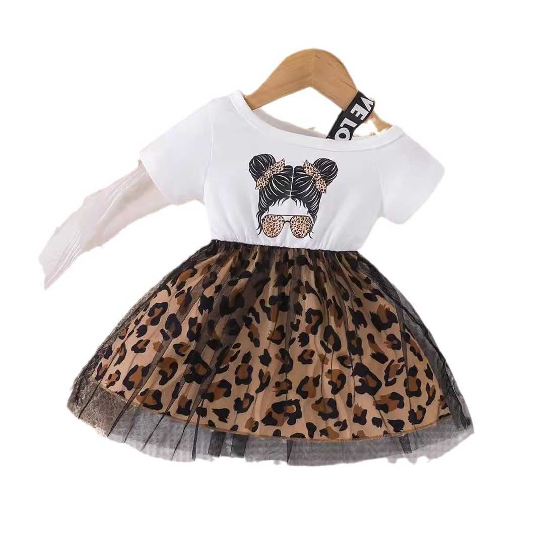 Childrens Summer Baby Girl Dress 2025 New Fashionable Girl Printed Splicing Leopard Mesh Skirt Y2504233epy