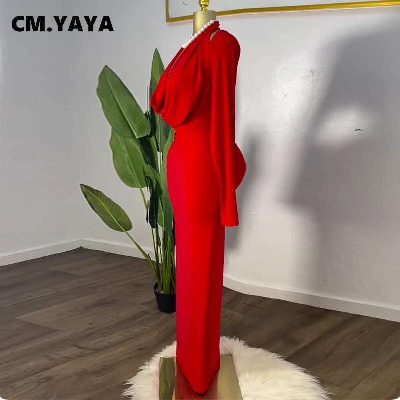 Cm.Yaya Women Full Sleeve Pile Collar Long Maxi Dress 2025 Sweet Holiday Beach Birthday Evening Sexy Girl Party Dresses Vestidos