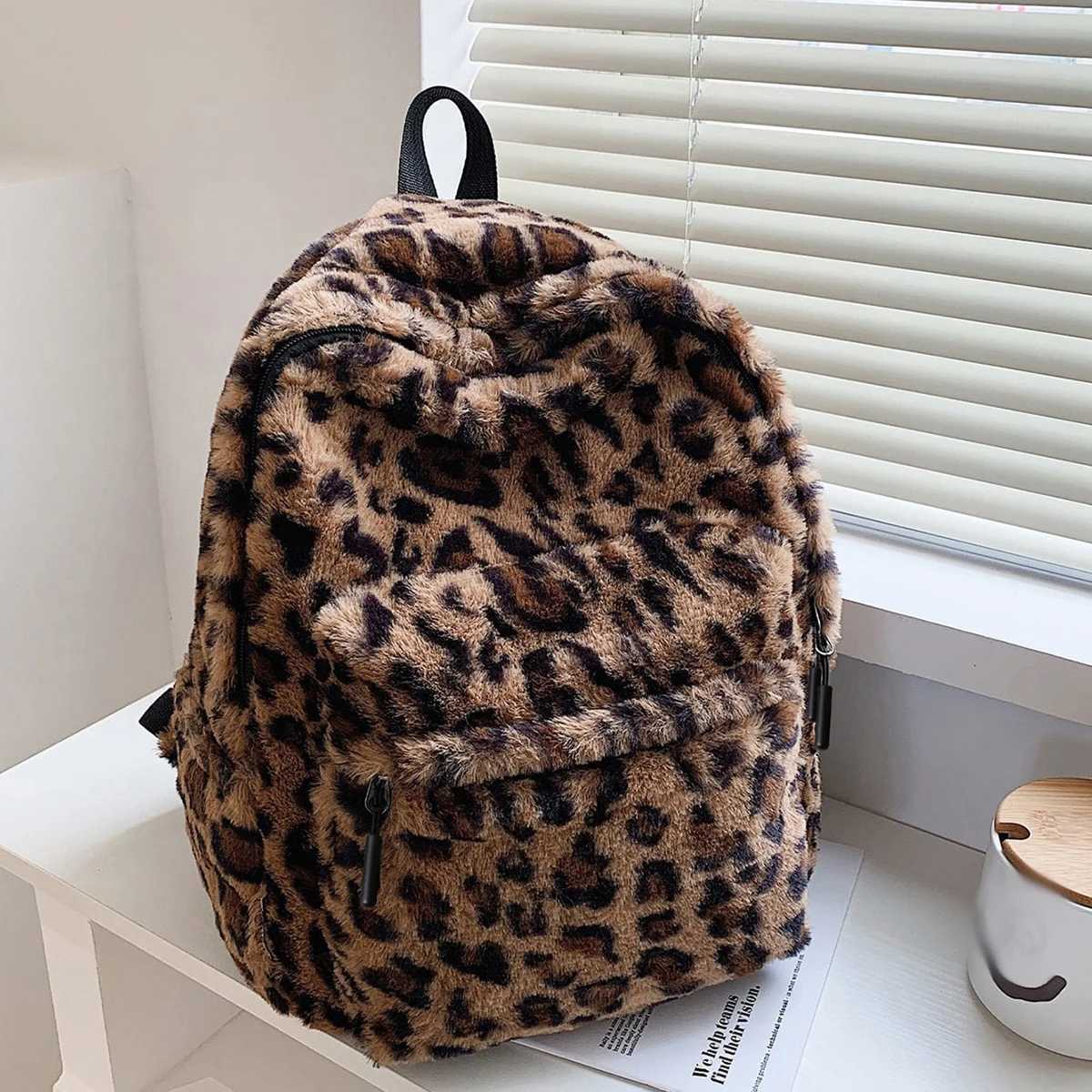Women Luxury Leopard Print Backpack Brown Pattern Multi Pocket Large Capacity Plush Material Zipper Adjustable Straps Commute H251124