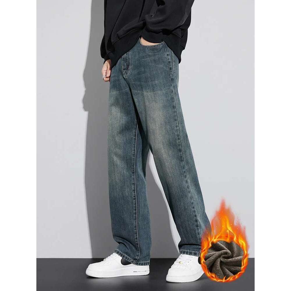 Fleece Baggy Straight Jeans Men Winter New Classic Vintage Blue Wide Leg Denim Pants Fashion Korean Thickened Warm Male Trousers