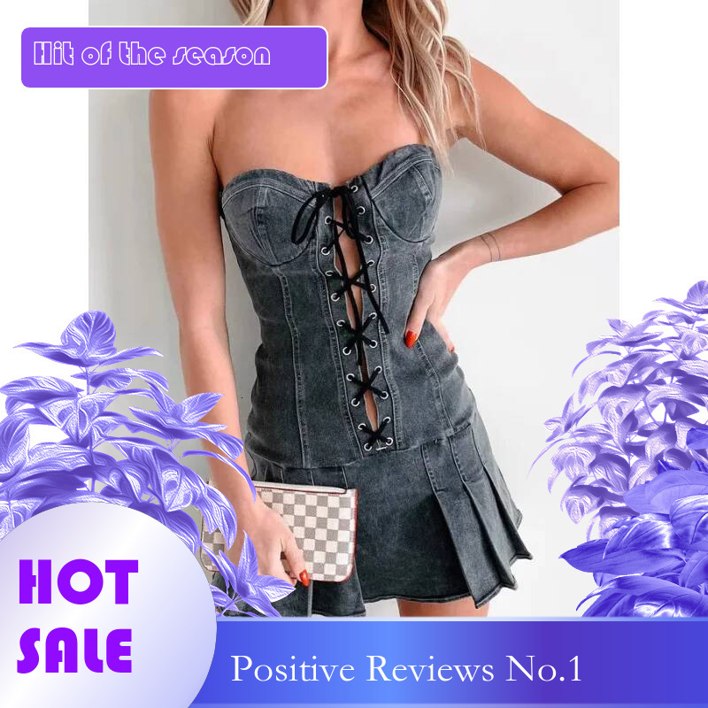Dongdumaoyi Summer Elegant Sexy Low Waist Tie Strap Tube Top Denim Women S Fashion Dress D