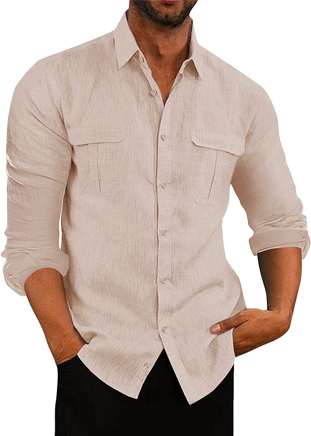 Mens shirt double pocket cotton linen long sleeve shirt leisure vacation shirt 6 colors