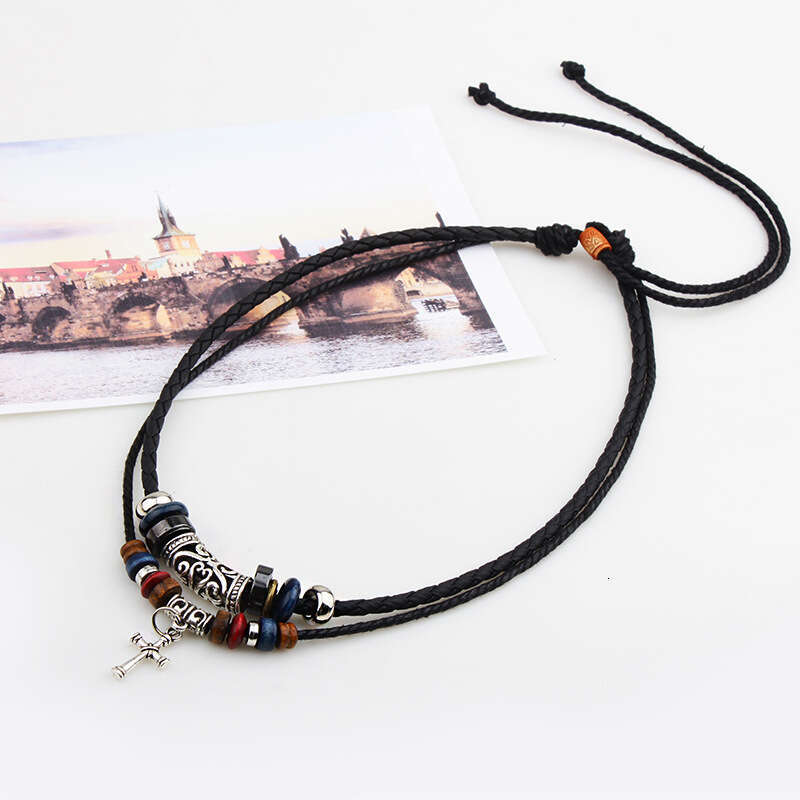 Creative alloy cross necklace woven leather rope wooden bead classic pendant with accessories