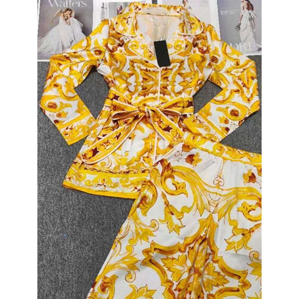 Women's Wear New Spring And Summer Geometric Printing Lapel Long-Sleeved Shirt+Elastic Waist Wide-Leg Trousers Casual Two-Piece Women's Suit