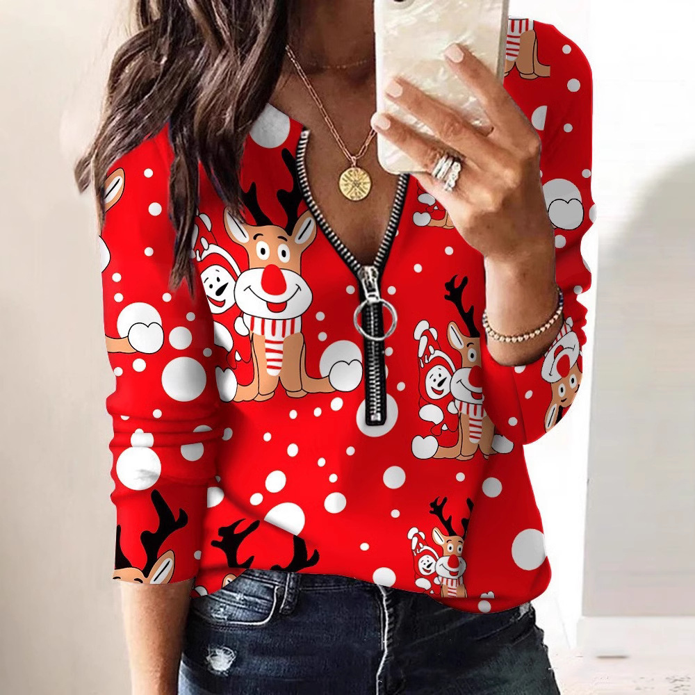 2023 Autumn/Winter New Christmas Printed V-neck Long sleeved Hoodie Womens Top