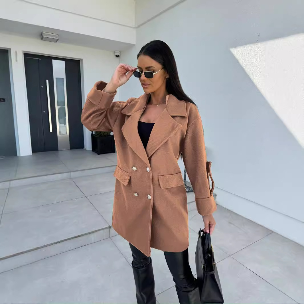 2024 Winter Solid Color Fashion Versatile Double breasted Woolen Coat Womens Wear