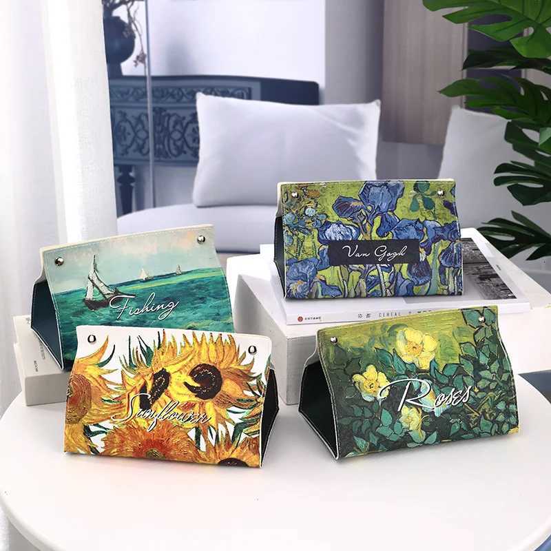 Ins Oil Painting Paper Box Leather Tissue Cover Car Creative Desktop Student Dormitory Office Storage for Living Room BedroomM251124