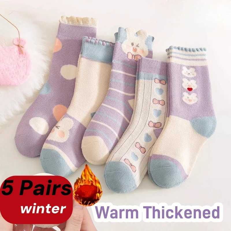 Girls Winter Socks Thick Cotton Warm Socks Little Big Girls Floral Bunny Socks 5 Pairs/bag Baby Calf-length Thermal Terry Socks G251124