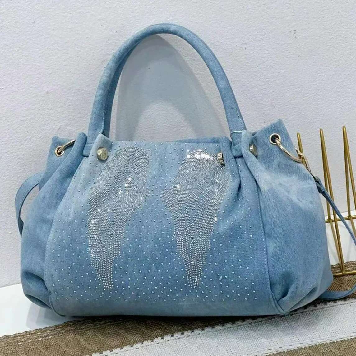 Fashion Denim Women Handbag With Crystal Dia Casual Jeans Tote Shoulder Crossbody Bag