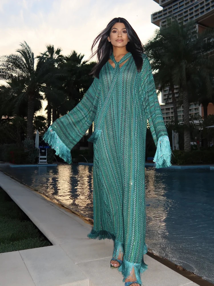 Stripe Loose Women Dresses Tassel With Scarf V neck Female Maxi Dress Summer Fashion Party Full Sleeve Lady Green Vestidos 251120
