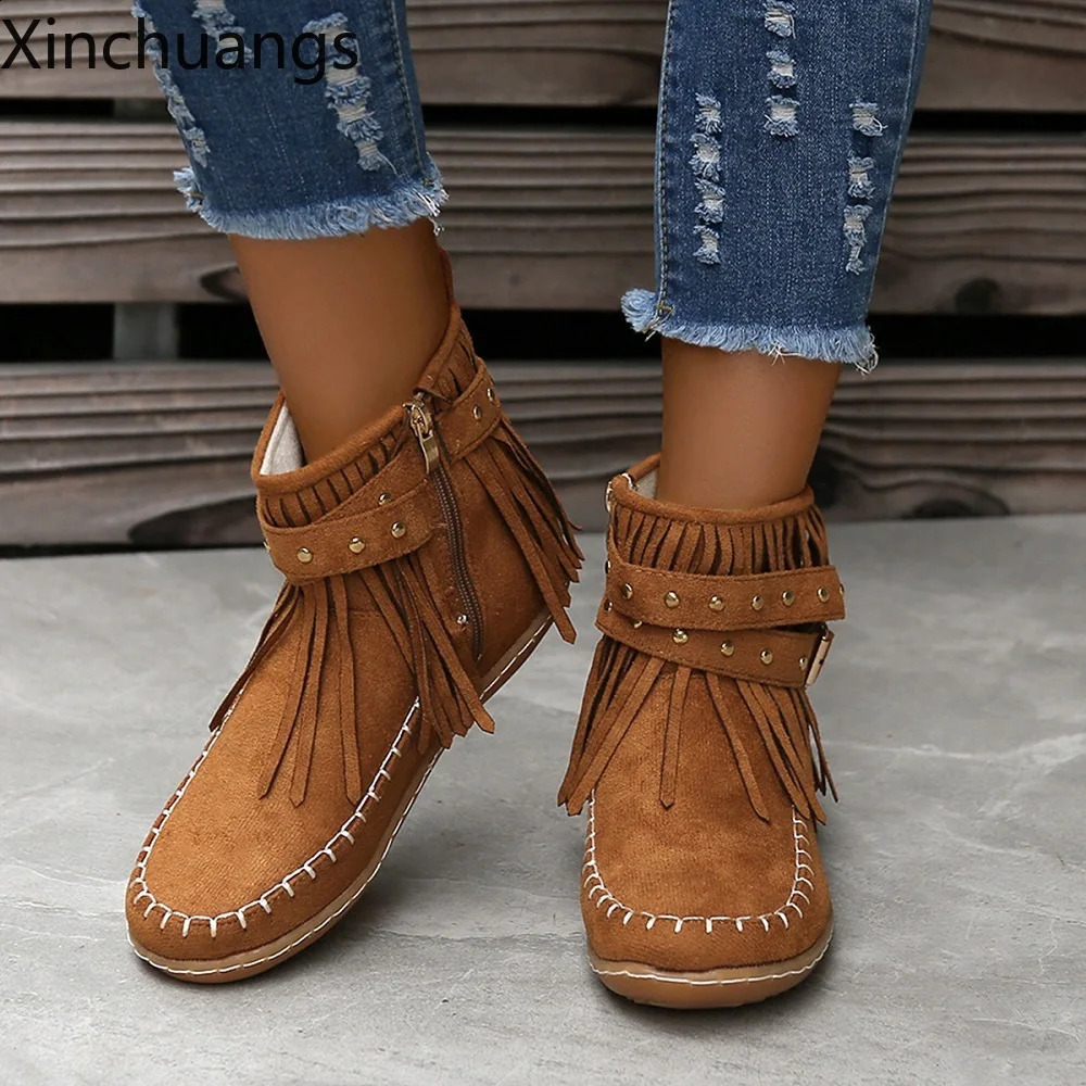 Retro Women Tassels Round Toe Short Boots Winter Casual Flat Rivet Buckle Flat Ankle Boots Warm Shoes 250418