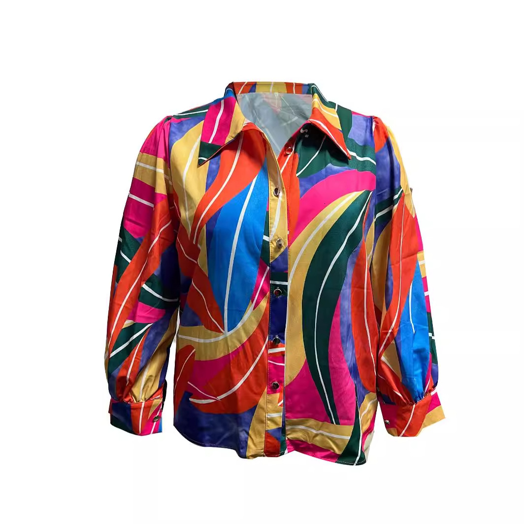 2024 autumn fashion casual long sleeved V-neck button printed shirt for women