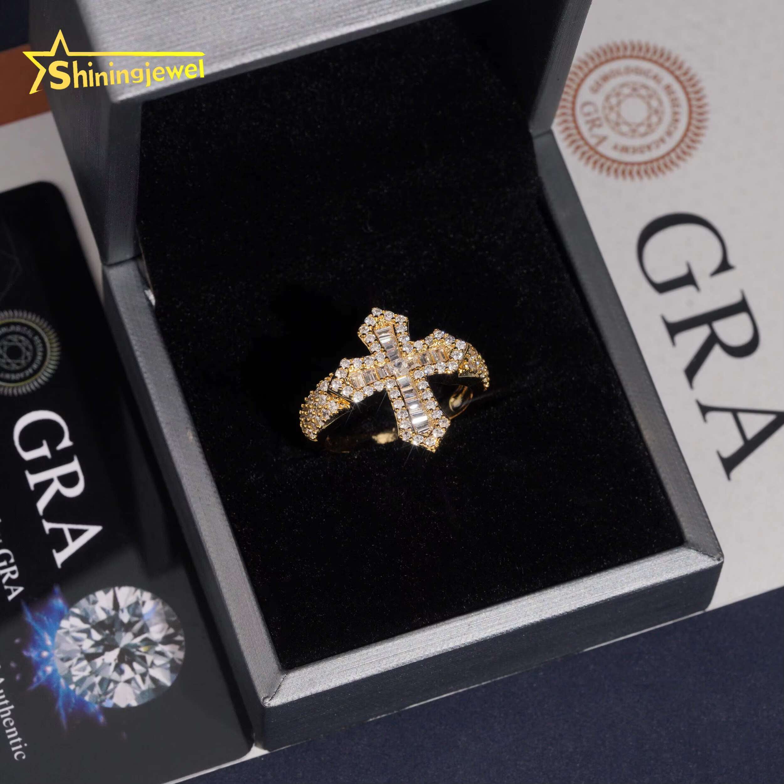 Hip Hop Cross Style Iced Out Baguette Cut Moissanite Diamond Ring Custom 925 Sterling Silver Men Ring Moissanite Fine Jewelry