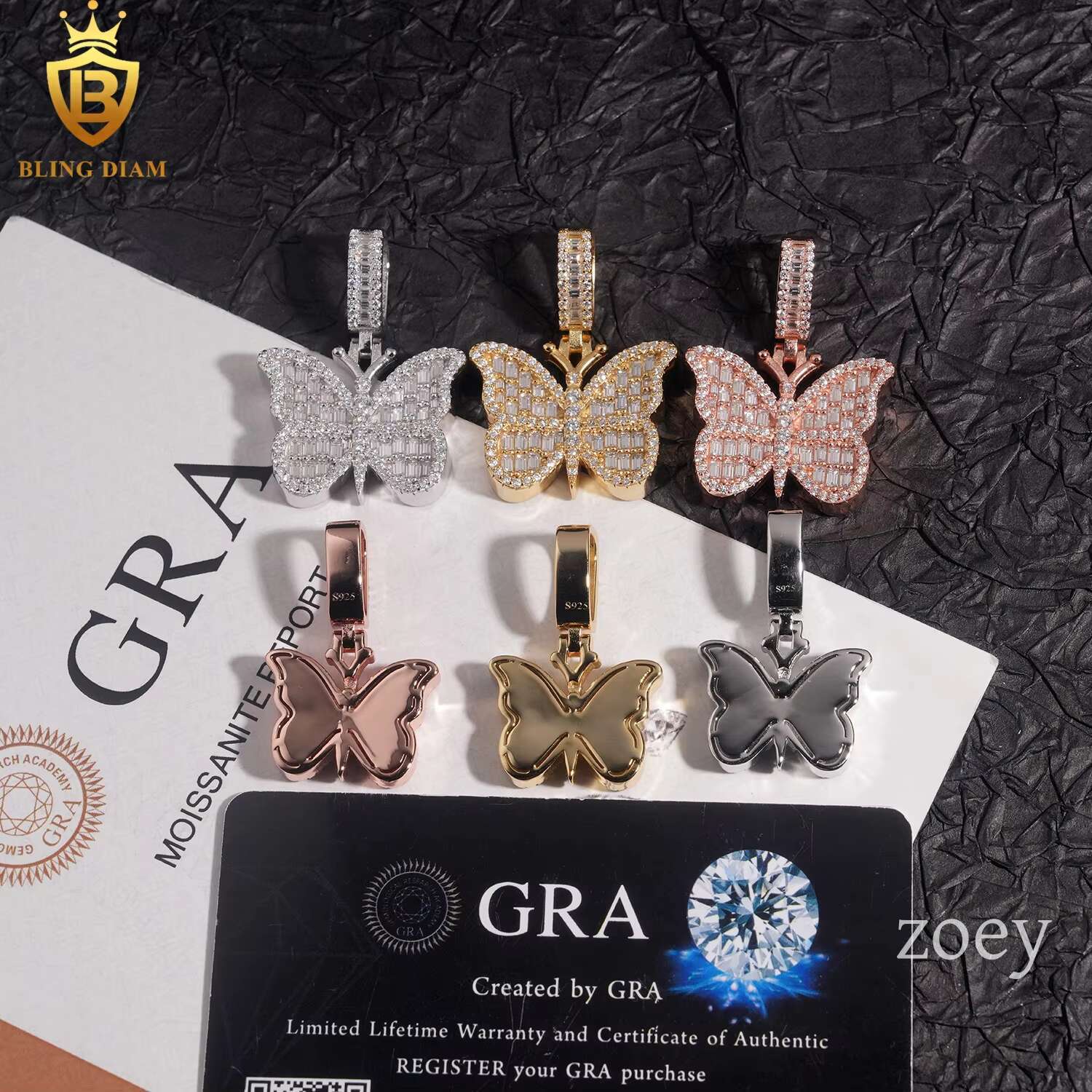 Factory Wholesale Fashion Fine Jewelry 925 Sterling Silver Vvs Moissanite Iced Out Butterfly Charm Pendant Necklace