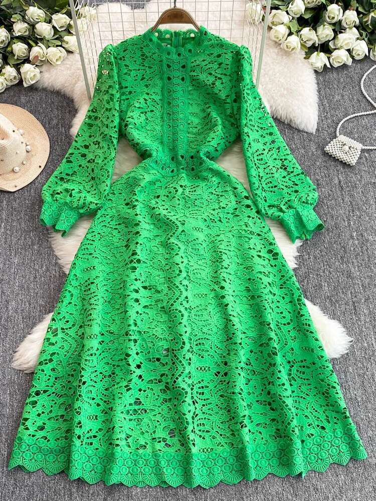 2025 Spring Hollow Out Flower Embroidery White Lace Party Dress For Women's Long Sleeve Midi Dresses Evening Wedding Vestidos