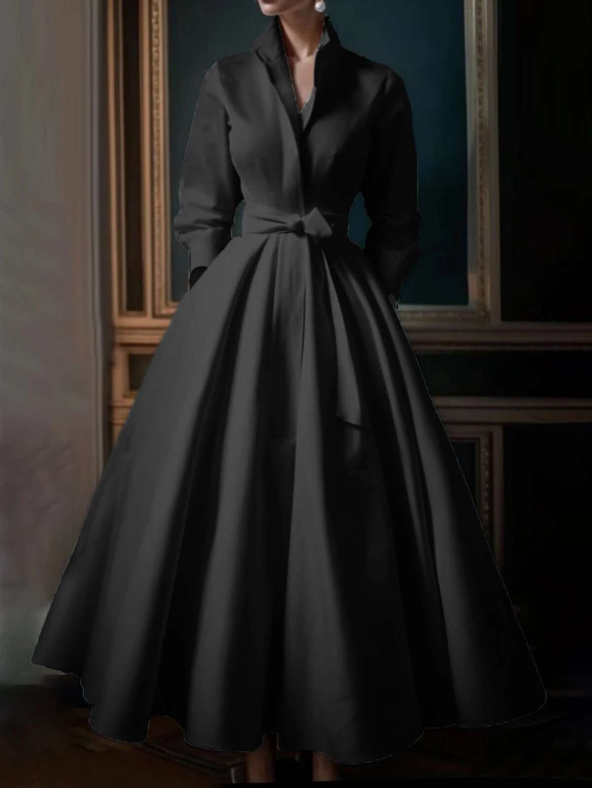 Women Elegant Shirt Dress Sleeve Stand Collar White Minimalist A-Line Pleated Wedding Guest Long Dresses With Blet 2024