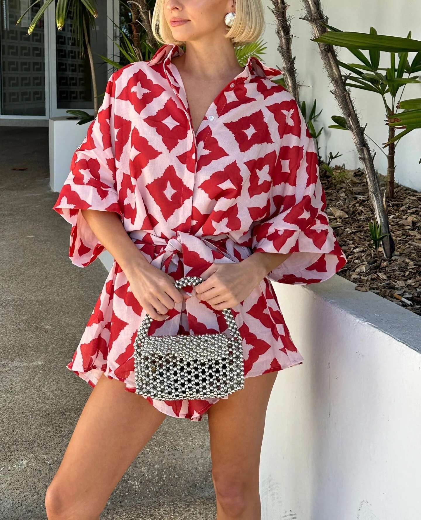 2024 New Autumn Women Casual Strap Jumpsuit Red Print Bow Tie Turndown Collar Loose Bodysuit Sexy Outfits Streetwear