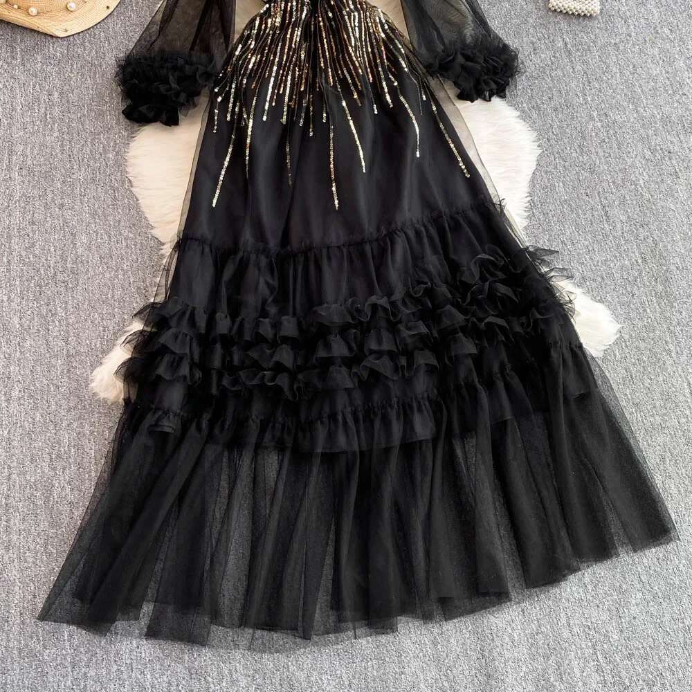 TWOTWINSTYLE Spliced Ruffles Midi Dresses For Women O Neck Long Sleeve High Waist Evening Party Dress Female Fashion Kdr524944