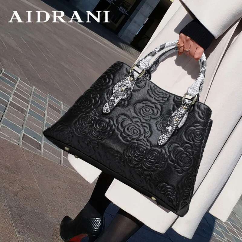Aidrani Genuine Leather Women's Handbag,Flower Pattern, Black Cowhide Large Bag