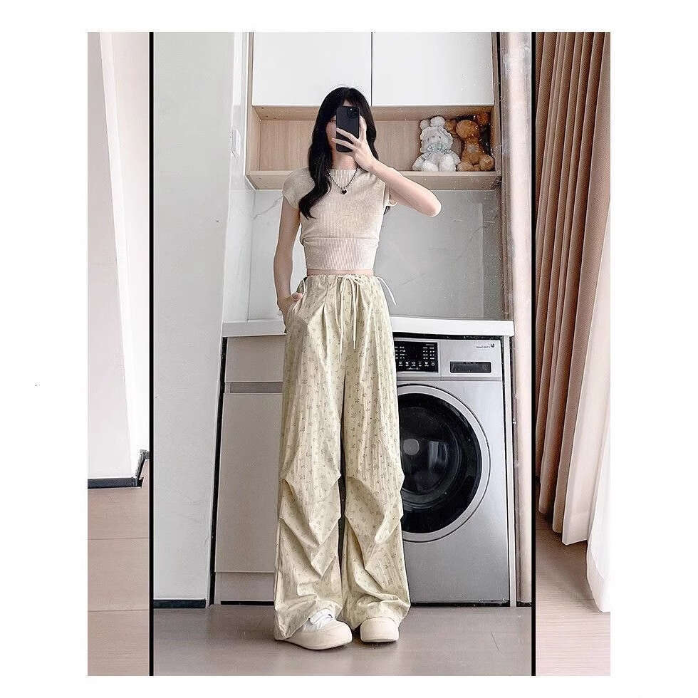 Floral work for women in spring and autumn thin style 2025 new high waisted loose casual wide leg American white sports pants