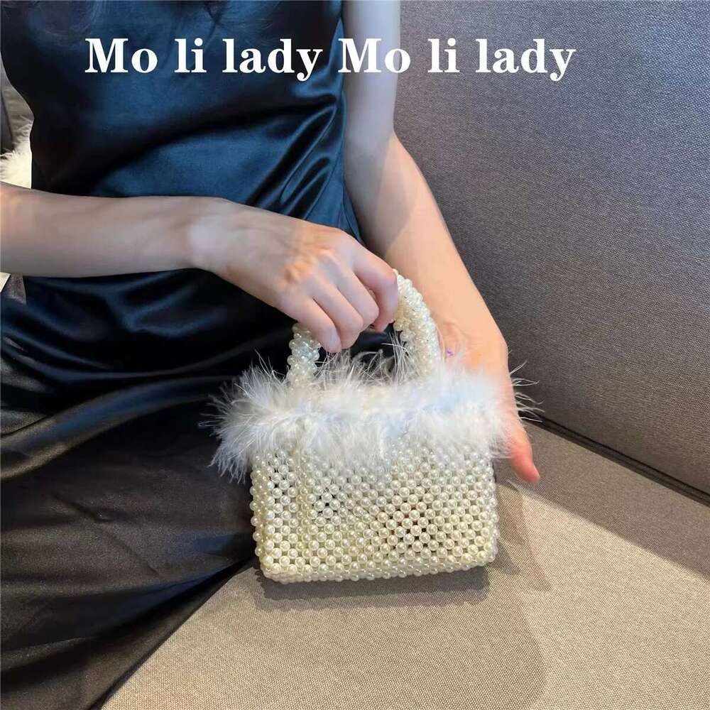 Designer Bag 2025 High Quality Pearl Beading Woven Handmade Women Handbag Ostrich Hair Evening Wedding Party Clutch Purse Shoulder Bag Luxury Bag