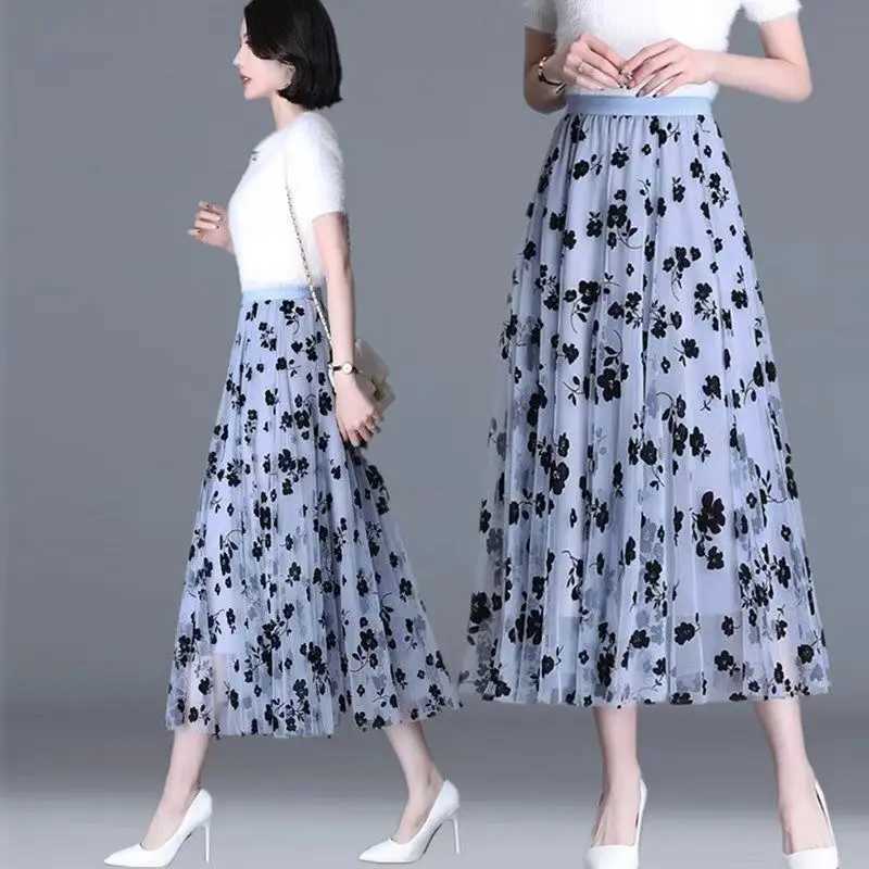 Korean womens chiffon skiing fashion summer hook flower loose Midi skiing elegant womens casual fully matched net skiing new M250424