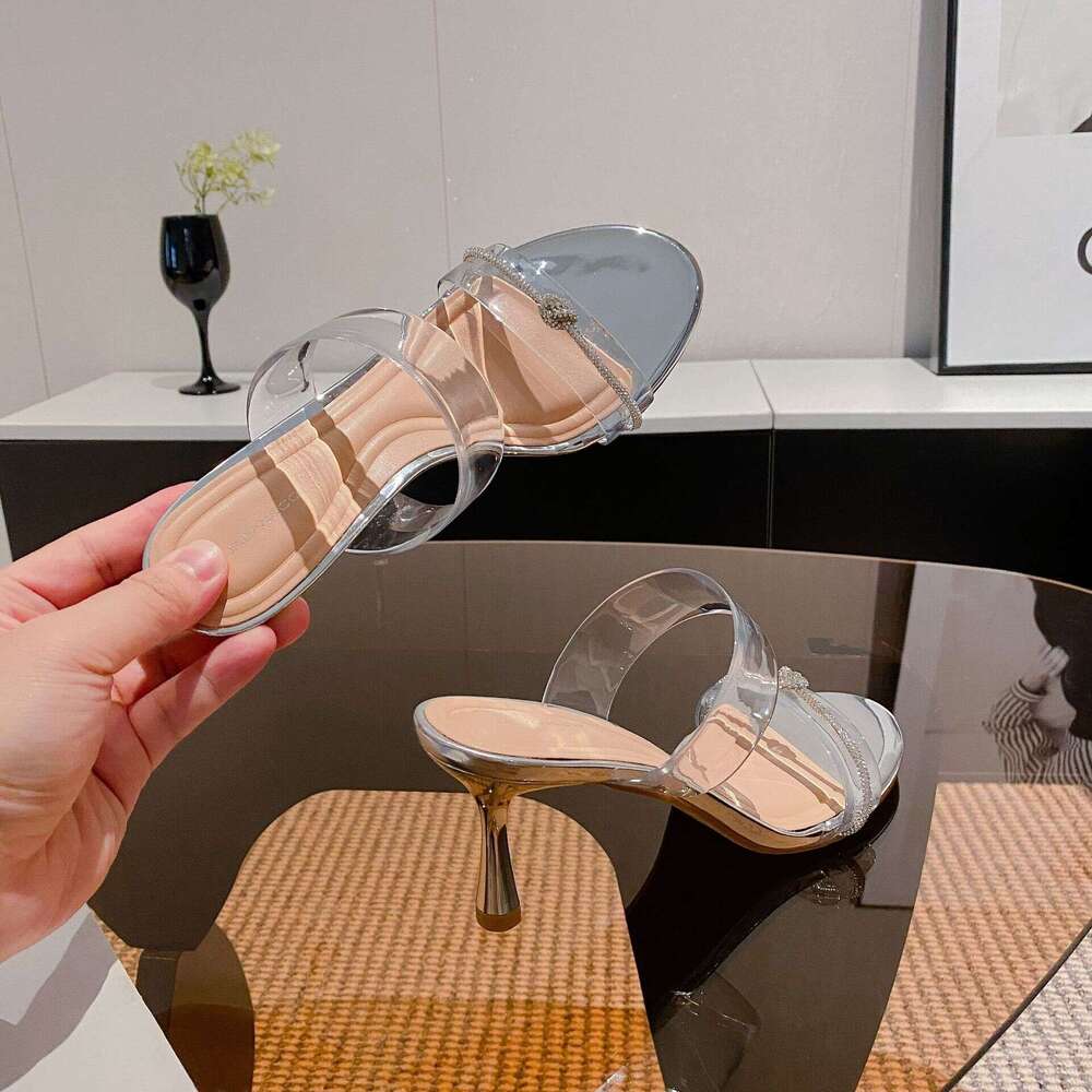 Woman Sandals Round Headed Transpart Rhinestone High Heeled Shoes With A Straight Line Cooldown Summer New Style Net Infrared Wearing Sexy Slippers Sa