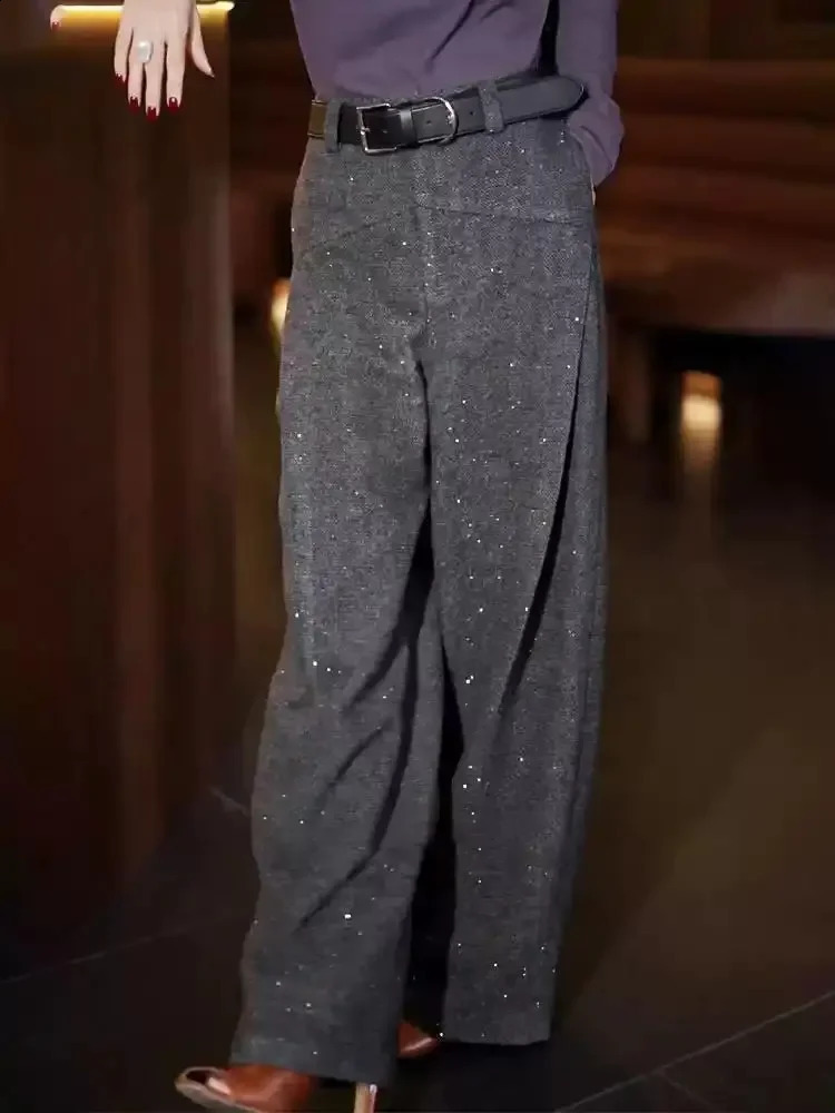 High-end Gray Woolen Suit Pants Womens Winter European n Fine Flash High Waist Versatile Trousers 250421