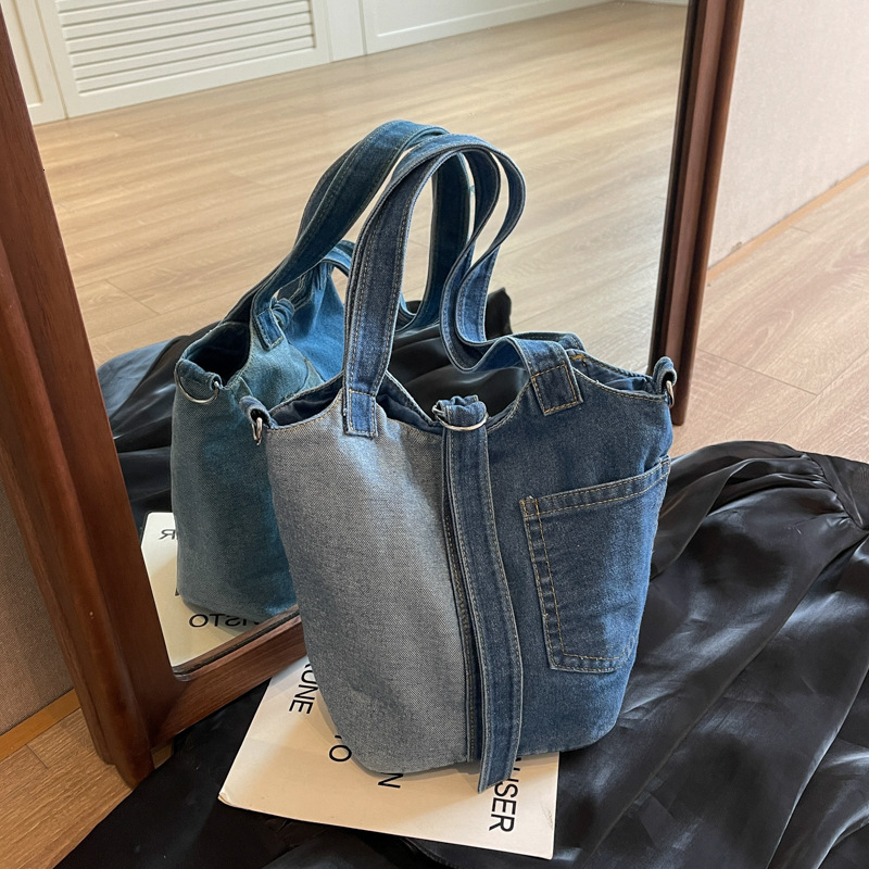 designer bag Small niche bucket canvas women's 2024 Korean version artistic fashion handbag shoulder spliced denim crossbody bag