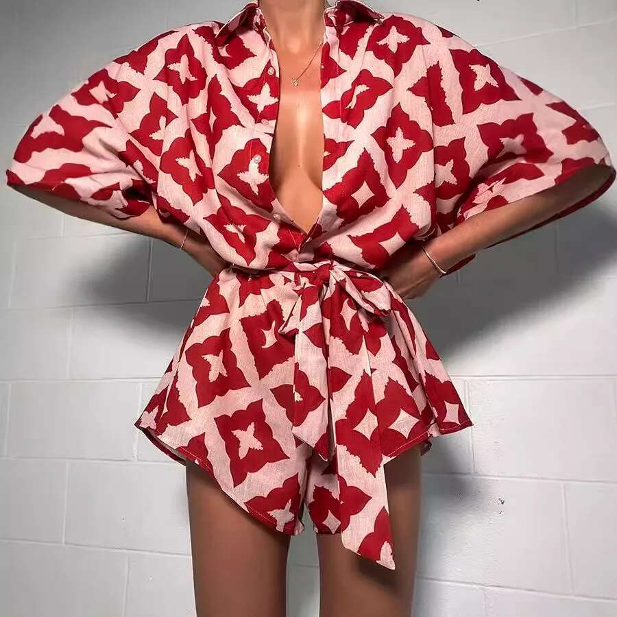 2024 New Autumn Women Casual Strap Jumpsuit Red Print Bow Tie Turndown Collar Loose Bodysuit Sexy Outfits Streetwear