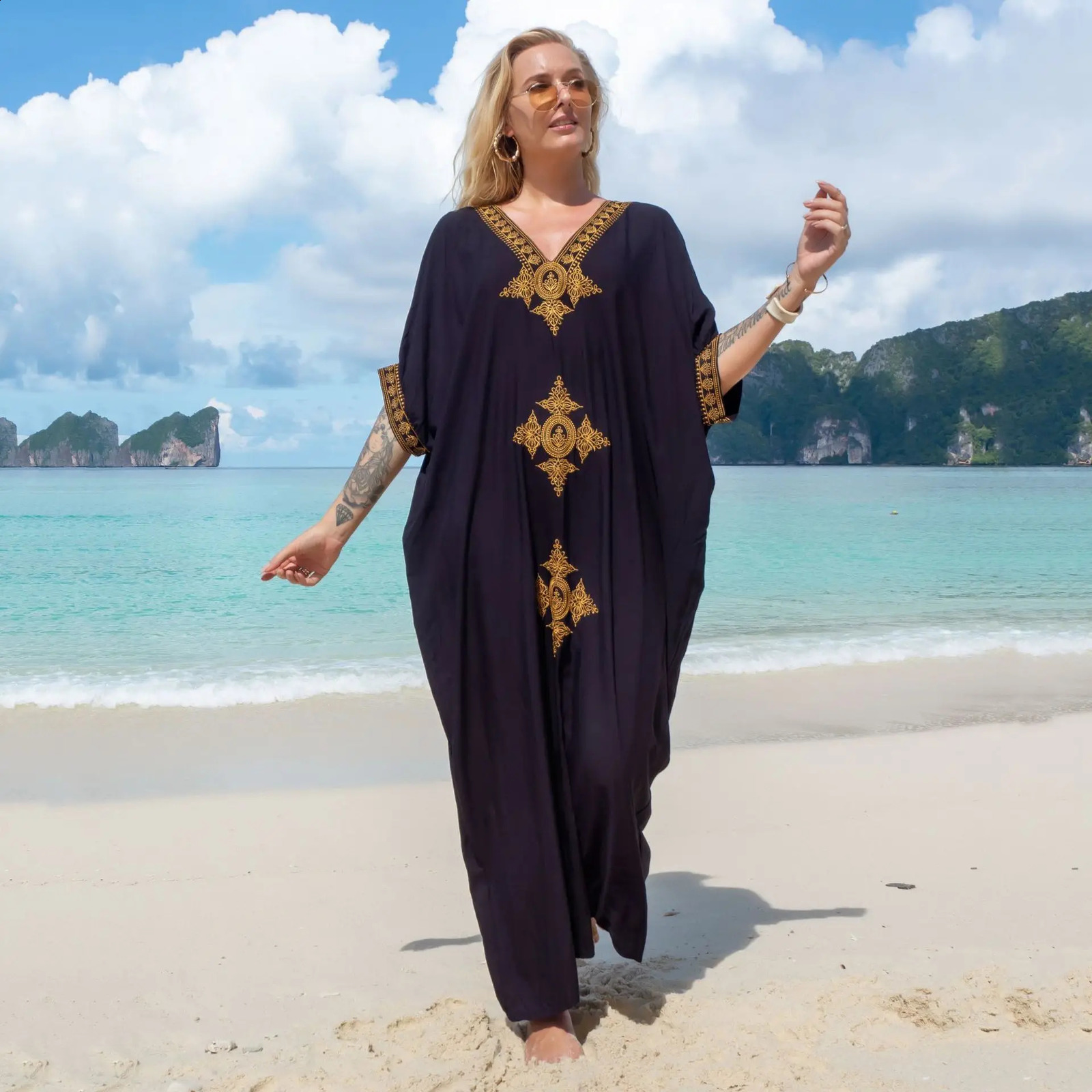 WeHello Womens Summer Premium Bikini Beach Body Cotton Gold Embroidered Robe Loose Comfortable Holiday Dress 250422