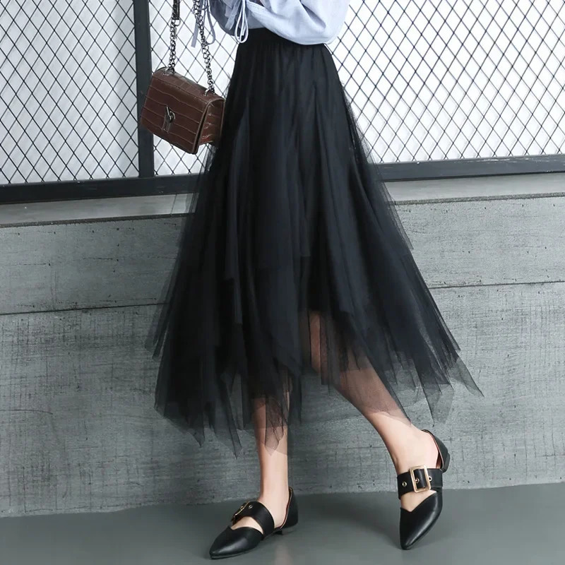 Asymmetrical High Waist Ruffles Mesh Tutu Long Midi Skirt Irregular Tulle Skirt for Women Black Harajuku Summer Goth Clothes 250421