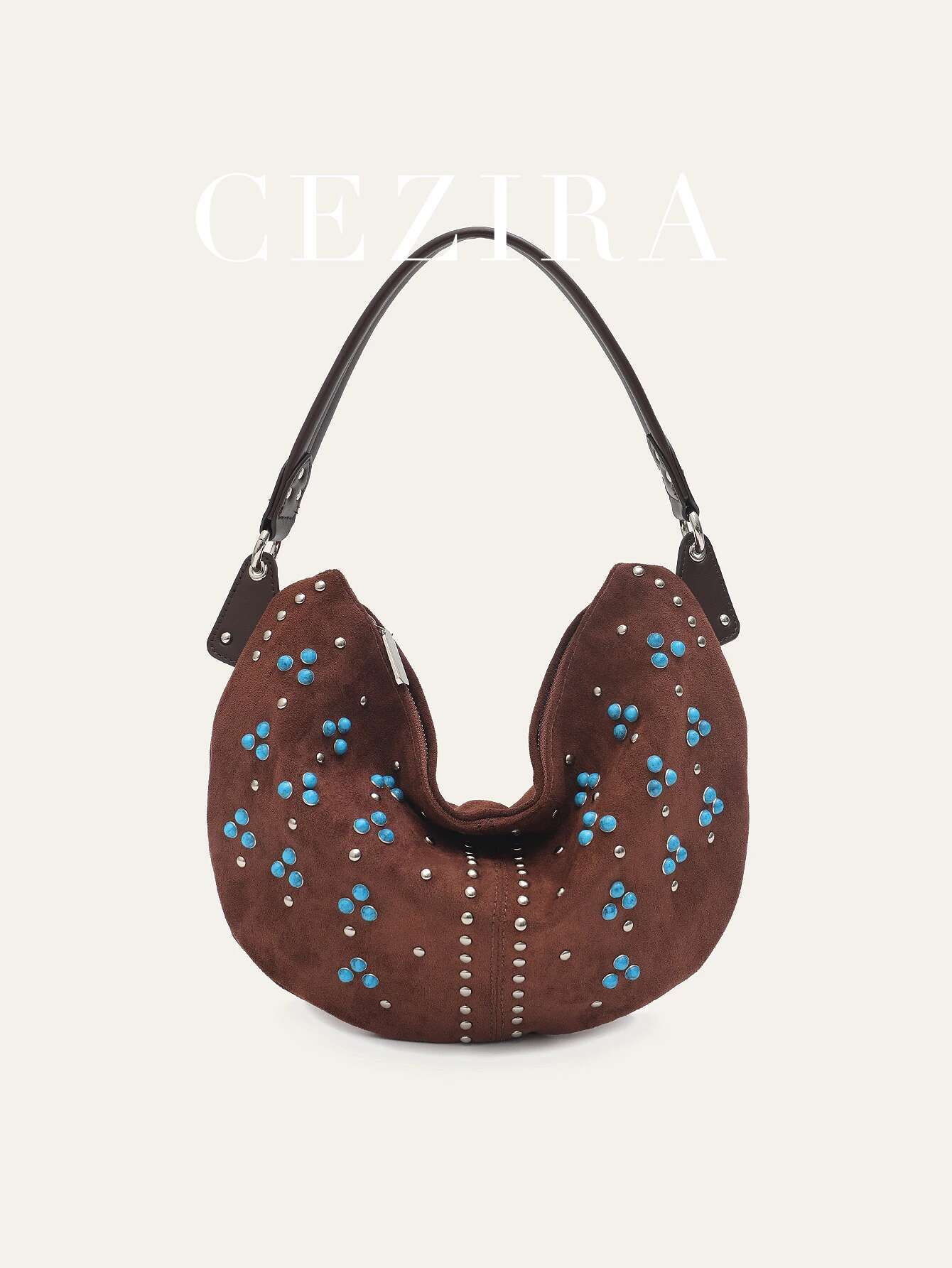 Bohemia Retro Tribal Style Women's Faux Suede Fabric PU Vegan Leather Patchwork Studded Beads Decor Half-Moon Hobo Shoulder Bag