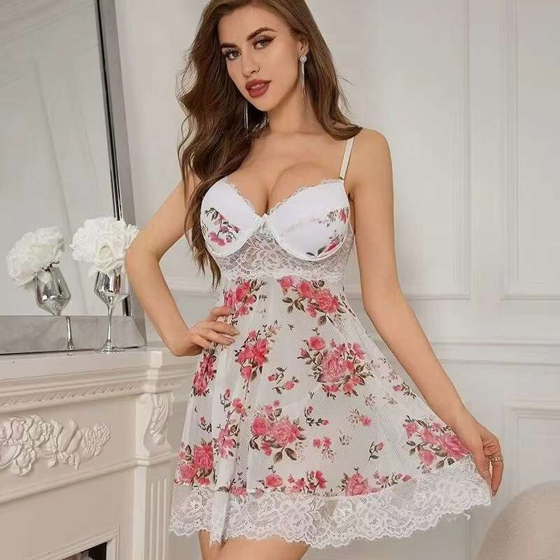 Hot Selling Sheer Sexy Floral Mesh Print Pleated Seductive Ladies' Pama Lingerie Set