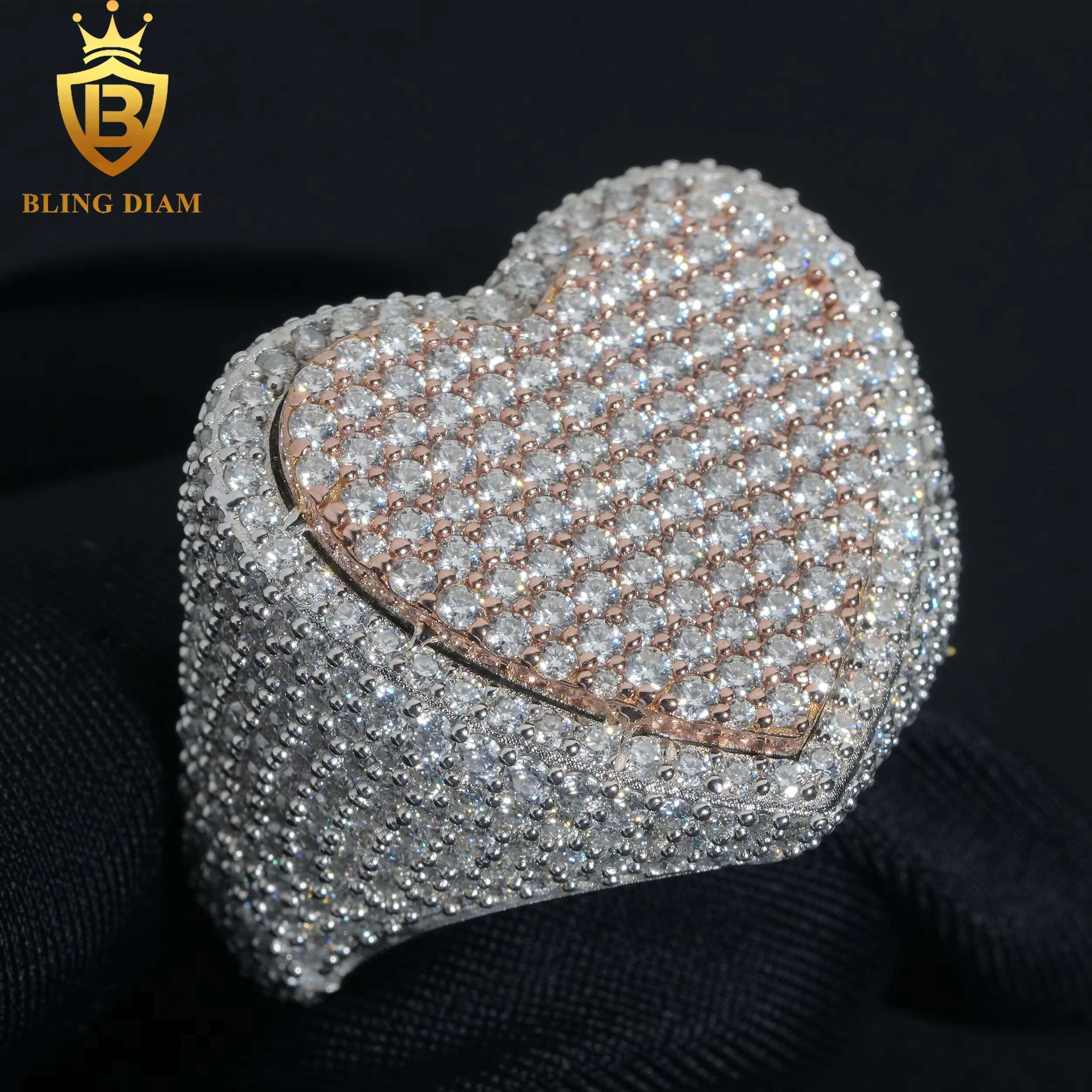 Hip Hop Style Jewelry Mens Ring Fully Diamond VVS Moissanite Iced Out 925 Solid Silver Heart Rings