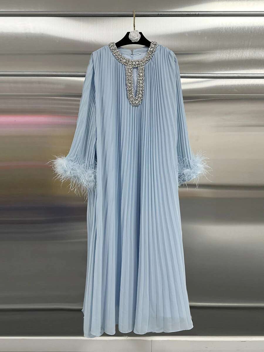 KBQ Solid Patchwork Feather Evening Dress For Women Round Neck Spliced Dias Long Sleeve Loose Design Sense Dresses Female