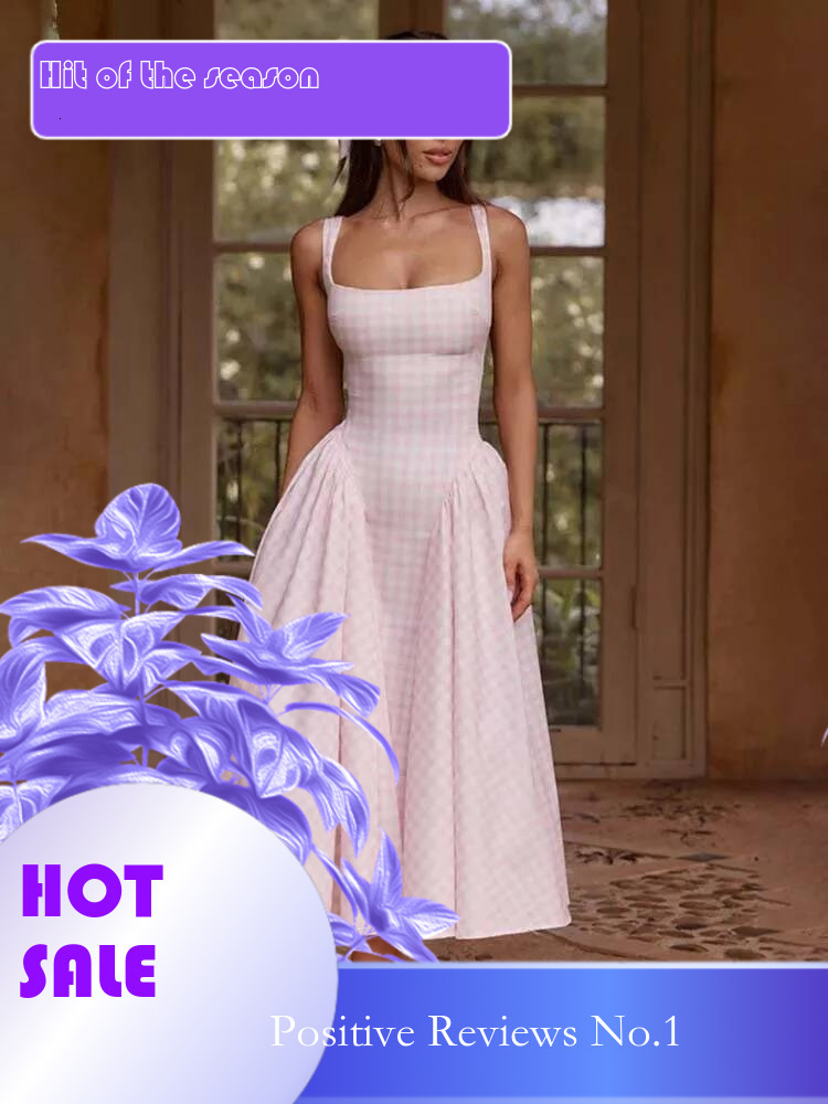 Dongdumaoyi Townlike Plaid Print Midi Long A Line Dress Women Spaghetti Strap Spring Summer Backless Nightclub Sexy Party Dresses