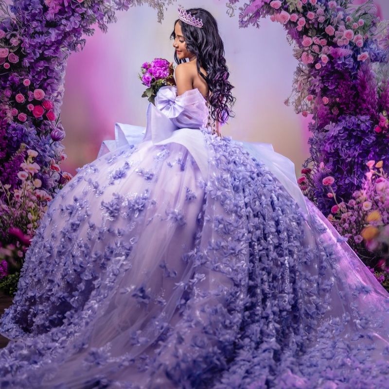 Lilac Princess Quinceanera Dresses Off Shoulder Applique Flower Beads Tull Sweet 16 Dress Ball Gown Vestidos 15 De Anos