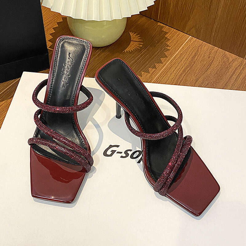 Woman Sandals Stiletto High Heeled In Burgundy Summer Sexy Exterior With Rhinestones Exposed Toes Straight Strap Square Head Cool Slippers For Women