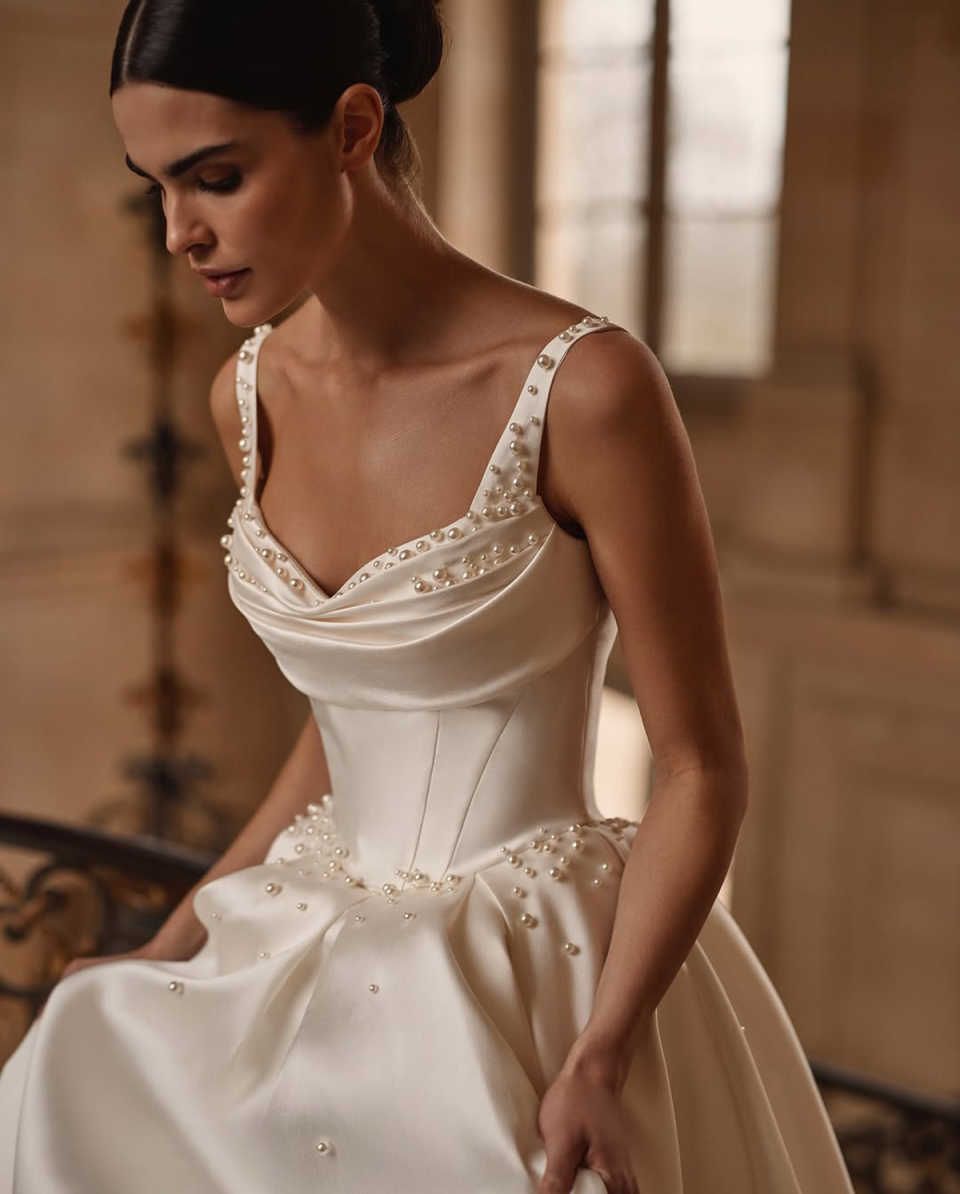 2026 New Charming A Line Wedding Dresses Pearls Beading Satin Spaghetti Straps Bridal Gowns Backless Pleats Bride Dress F04