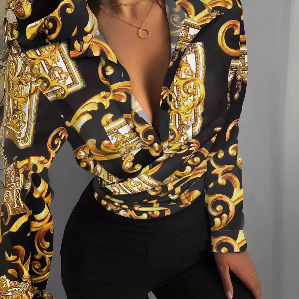 2021 autumn loose long sleeve V-neck printed womens shirt