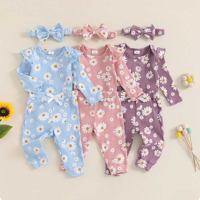 Clothing Sets 2024-06-13 Lioraitiin 0-18M Baby Girl Fall Outfit Print Long Sleeve Romper with Long Pants and Headband 3 Pcs Set R250424