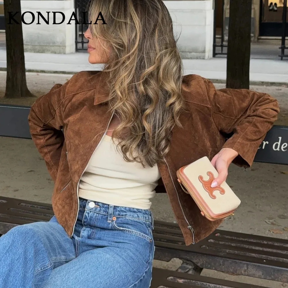 KONDALA 2025 Fall Winter Suede Zip Up Streetwear Women Jackets Fashion Casual Turndown Collar Brown Chic Elegant Ladies 251121