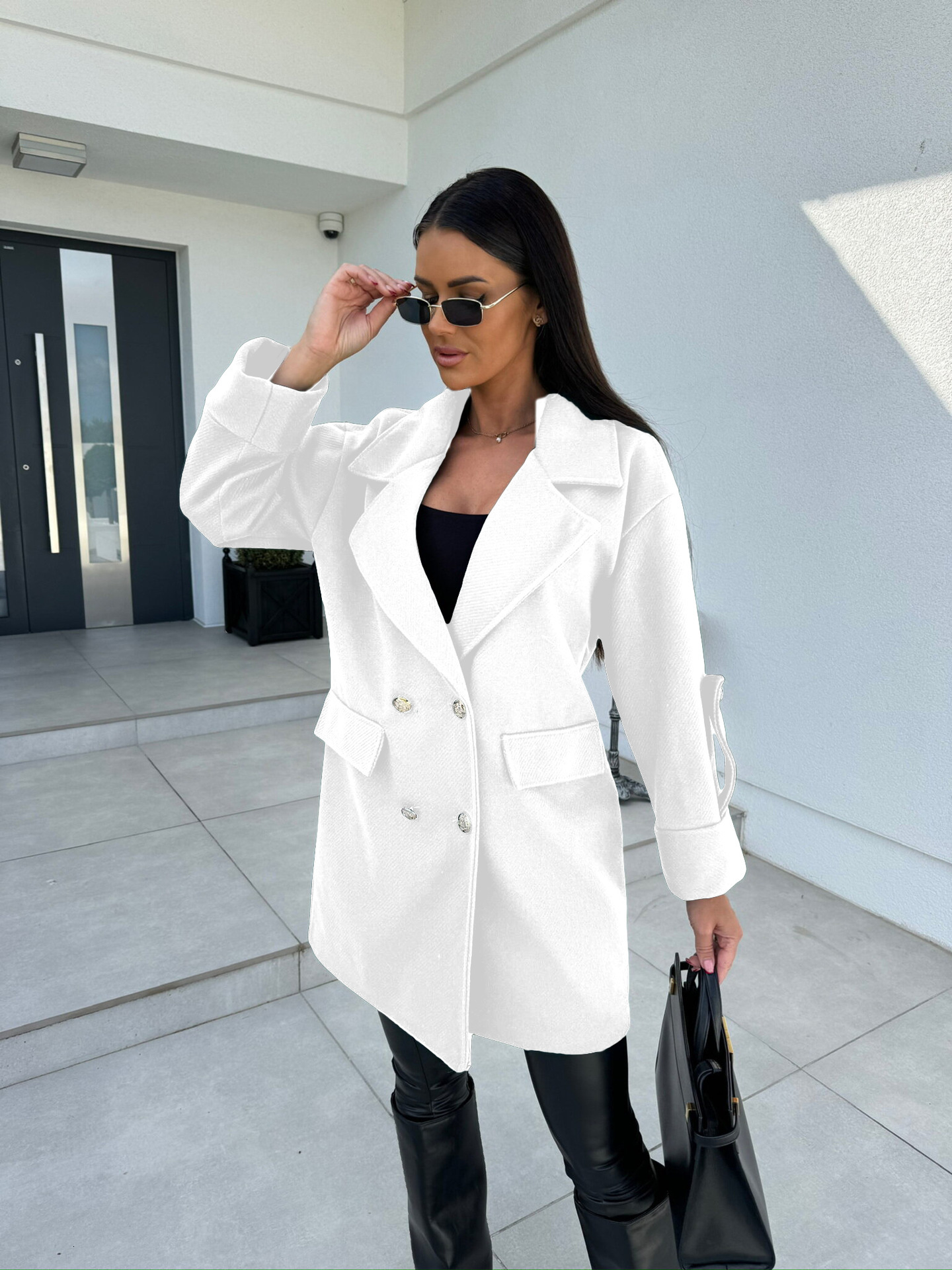 2024 Winter Solid Color Fashion Versatile Double breasted Woolen Coat Womens Wear