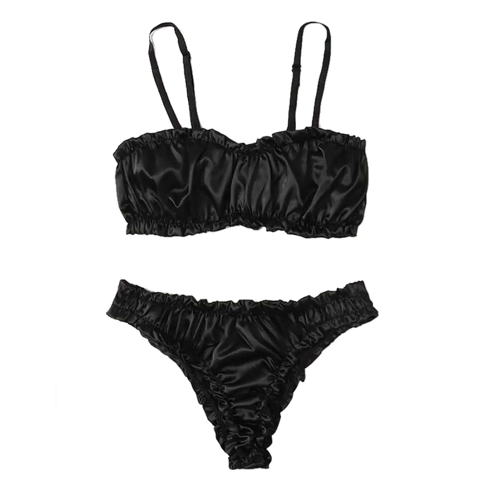 Dongdumaoyi Sexy Silk Satin Fashion Gerie Women Solid Black Spaghetti Strap Elastic Wireless Bra Thong Slip Comfortable Underwear Set Women S Tight Un